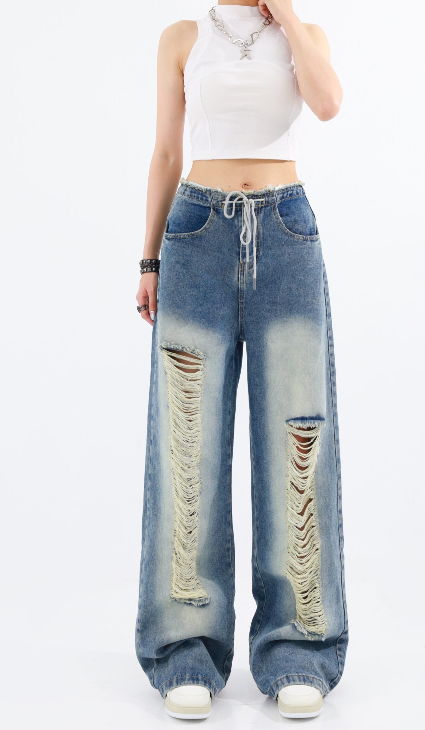 Blue Drawstring Distressed Jeans