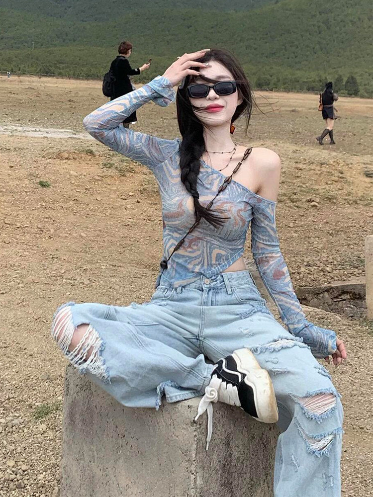 Blue Ripped Style Wide Leg Jeans
