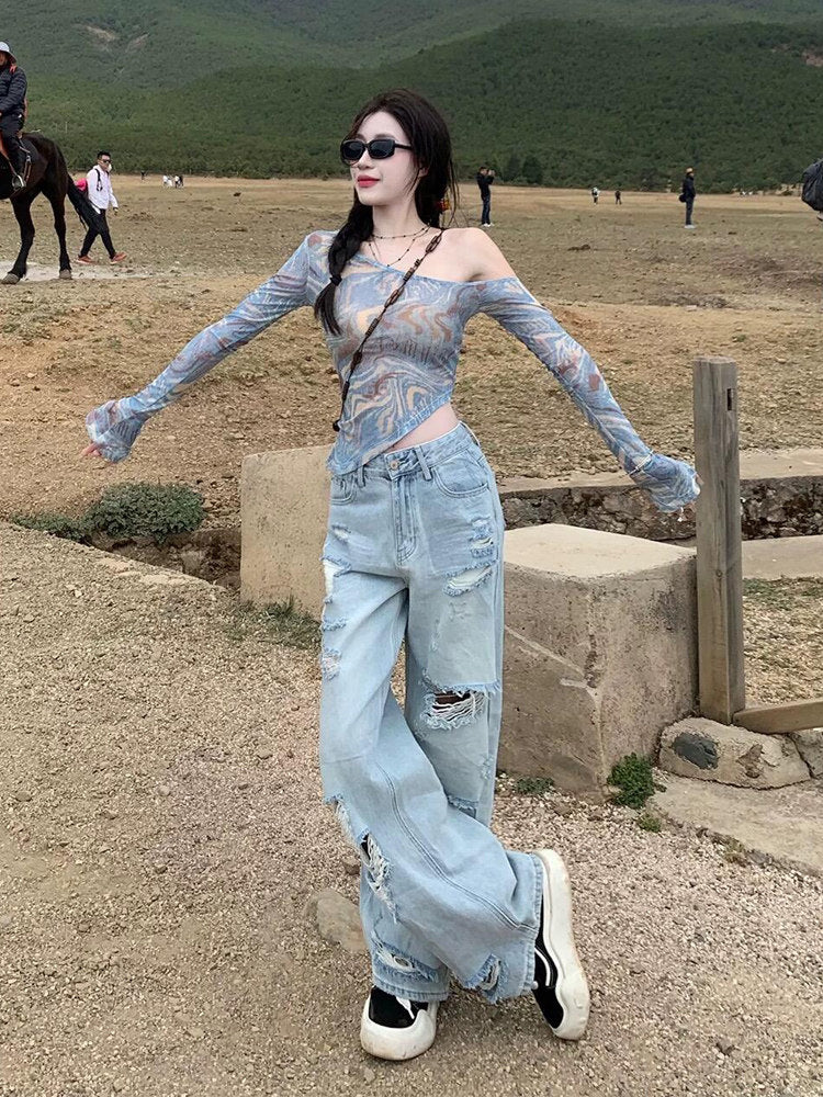 Blue Ripped Style Wide Leg Jeans