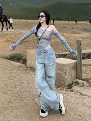 Blue Ripped Style Wide Leg Jeans