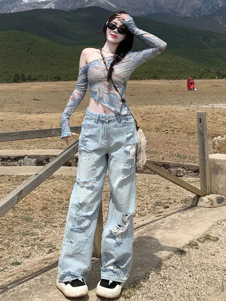 Blue Ripped Style Wide Leg Jeans