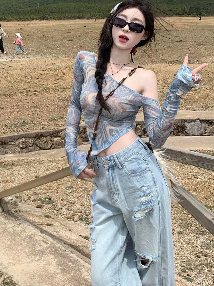 Blue Ripped Style Wide Leg Jeans