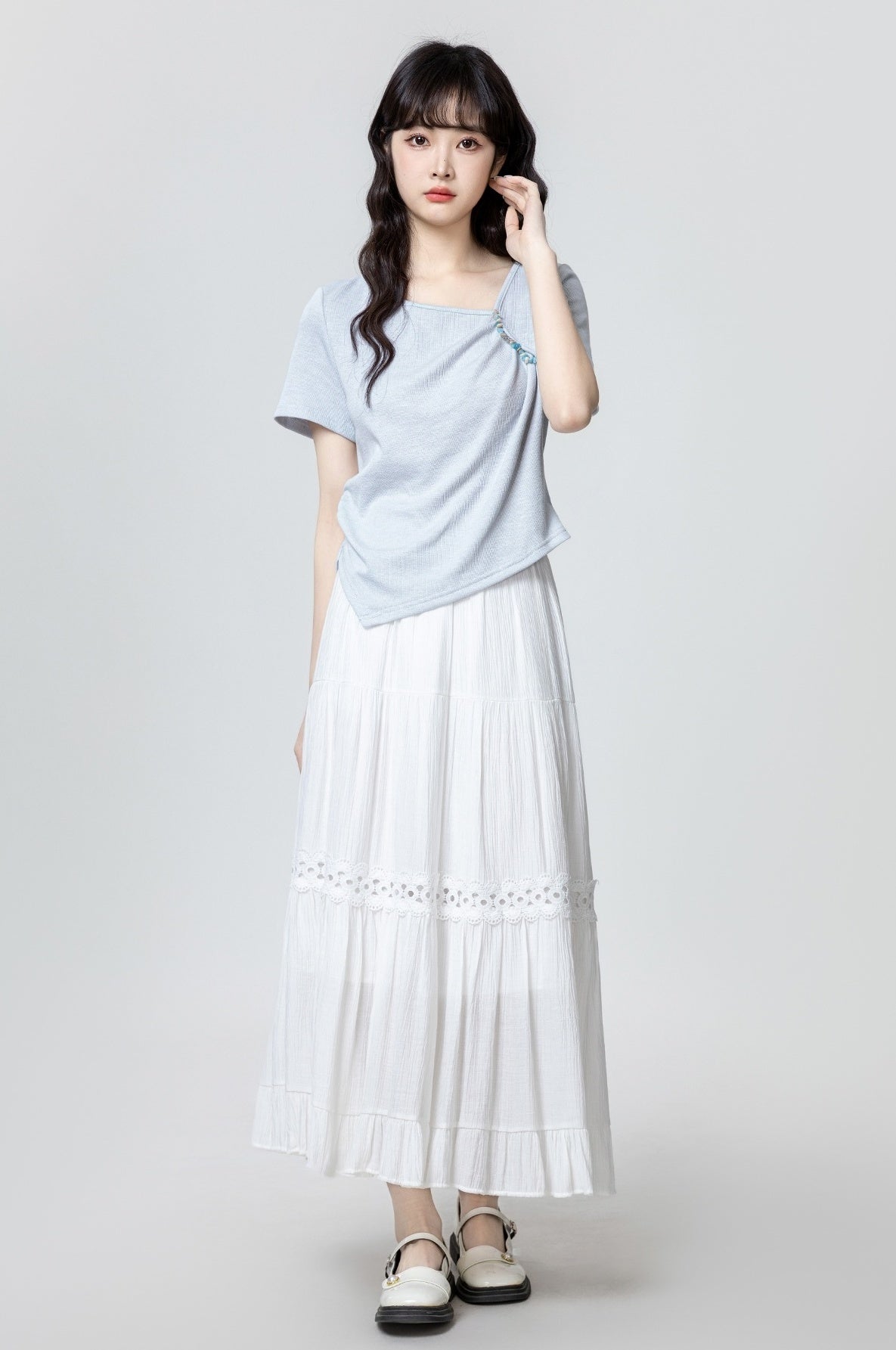 Blue Ruched Waist Short Sleeve T-Shirt
