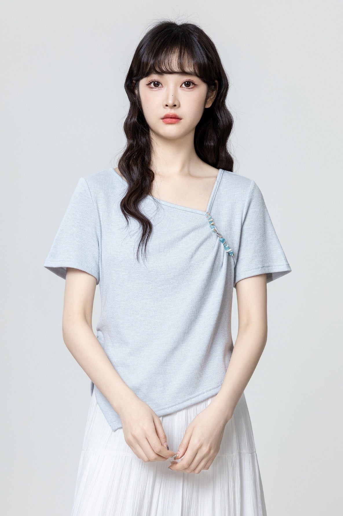 Blue Ruched Waist Short Sleeve T-Shirt