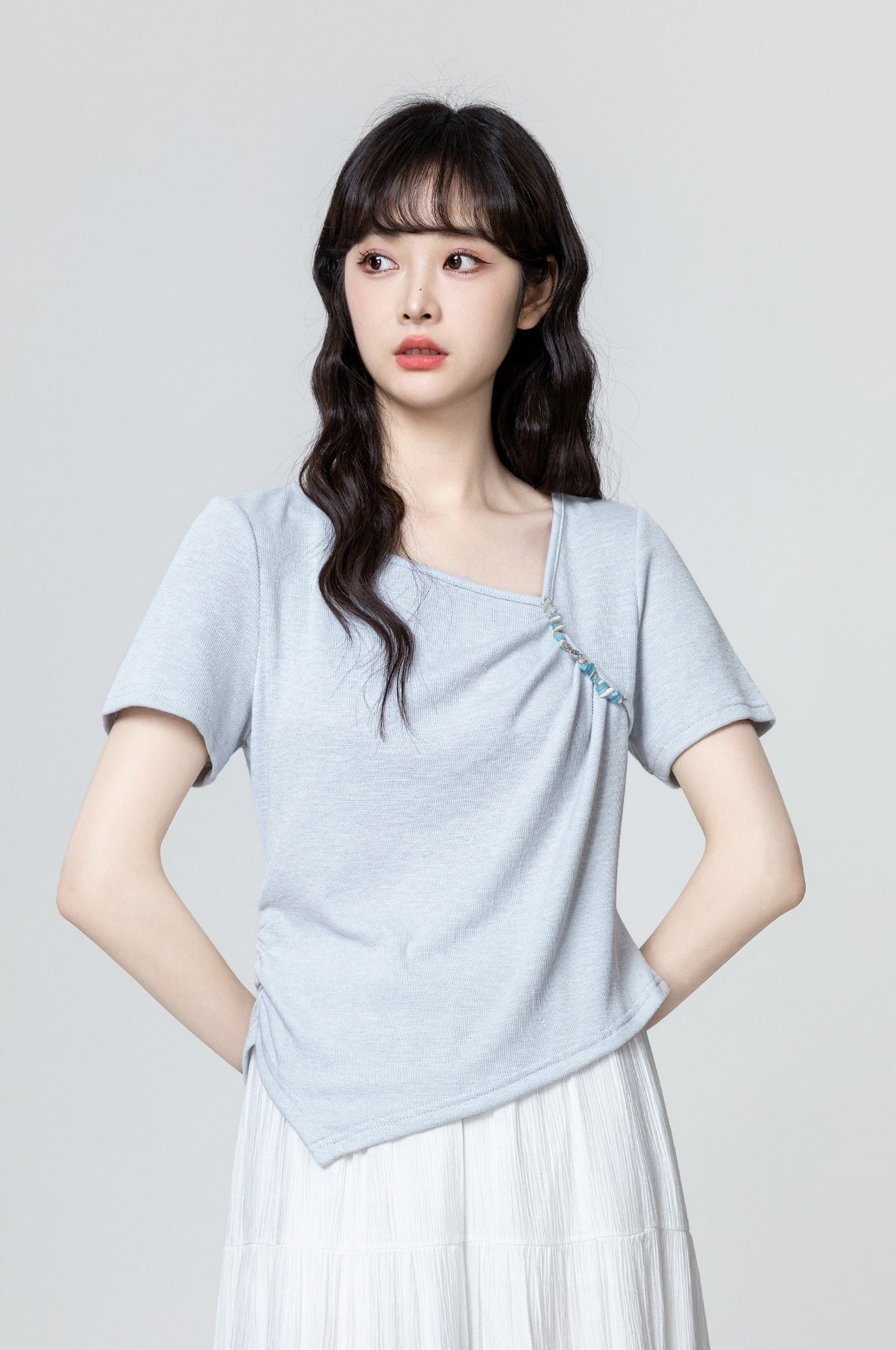 Blue Ruched Waist Short Sleeve T-Shirt