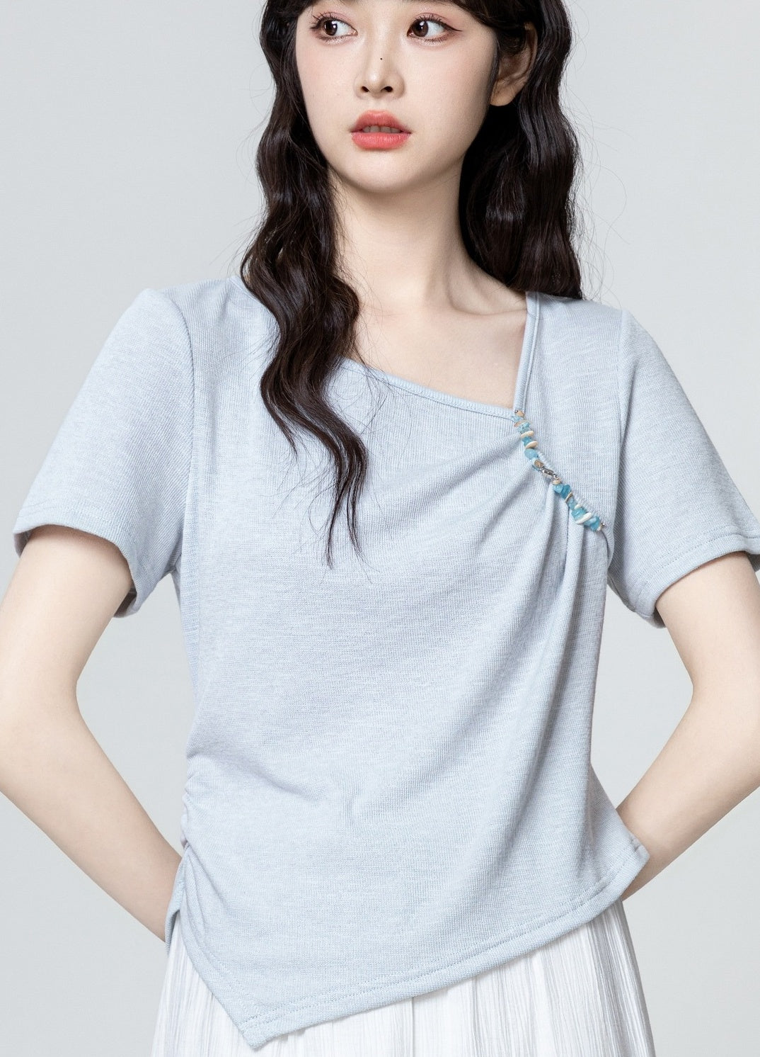 Blue Ruched Waist Short Sleeve T-Shirt