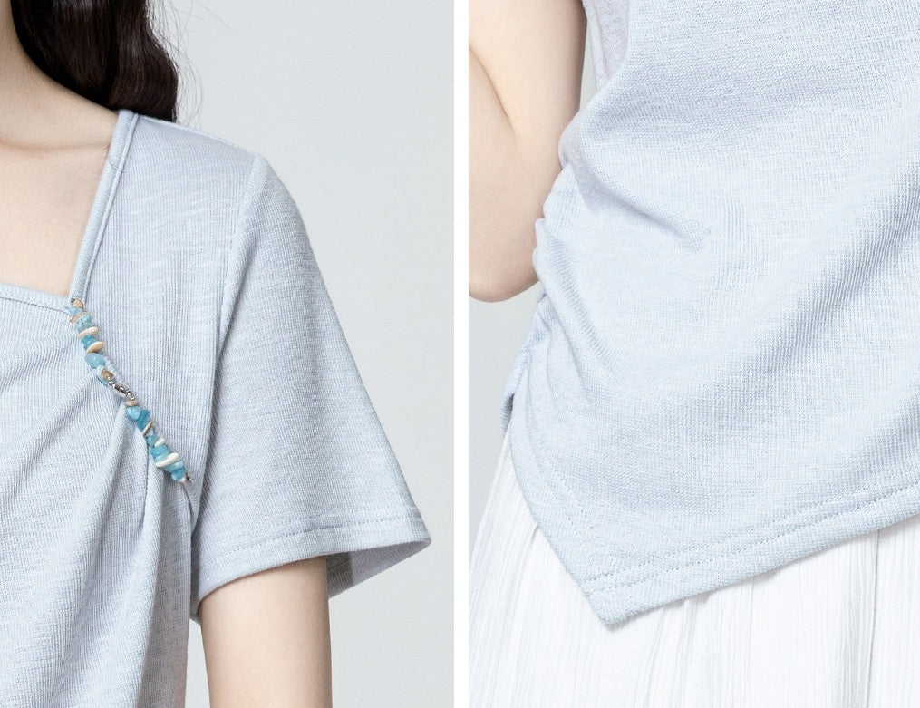Blue Ruched Waist Short Sleeve T-Shirt