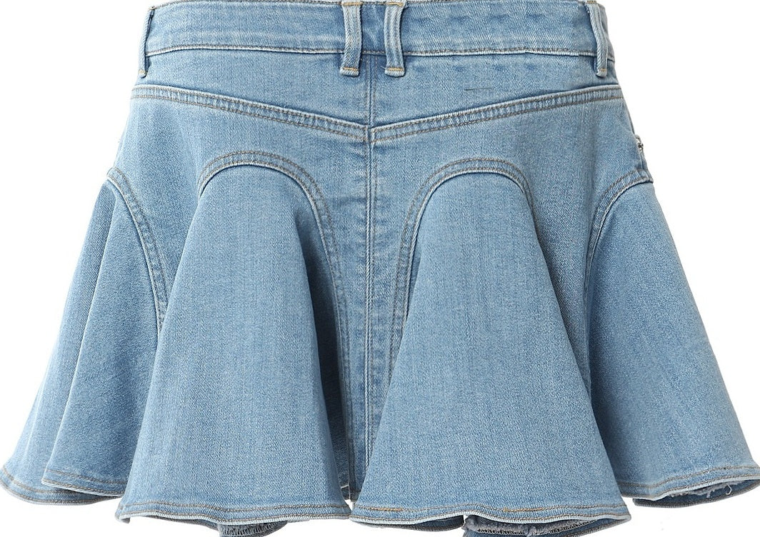 Blue Zip-Up Ruffled Denim Skirt