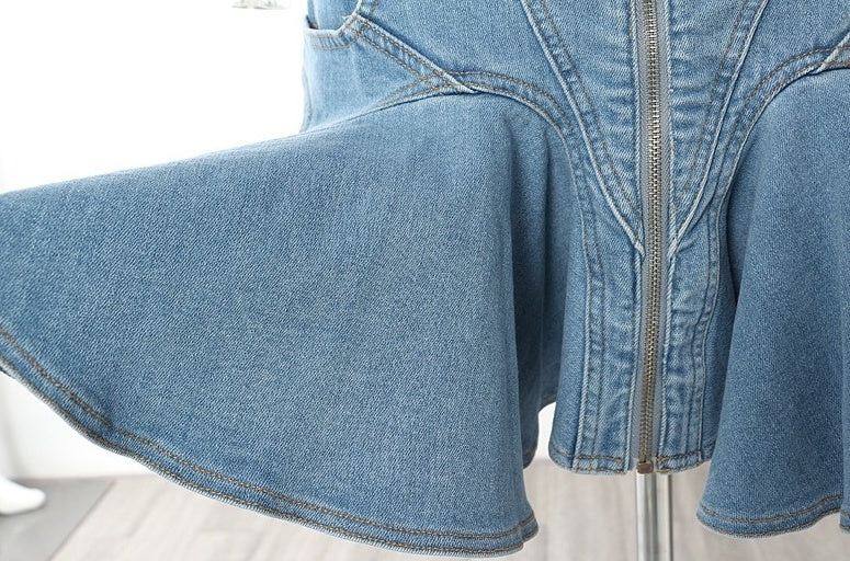 Blue Zip-Up Ruffled Denim Skirt