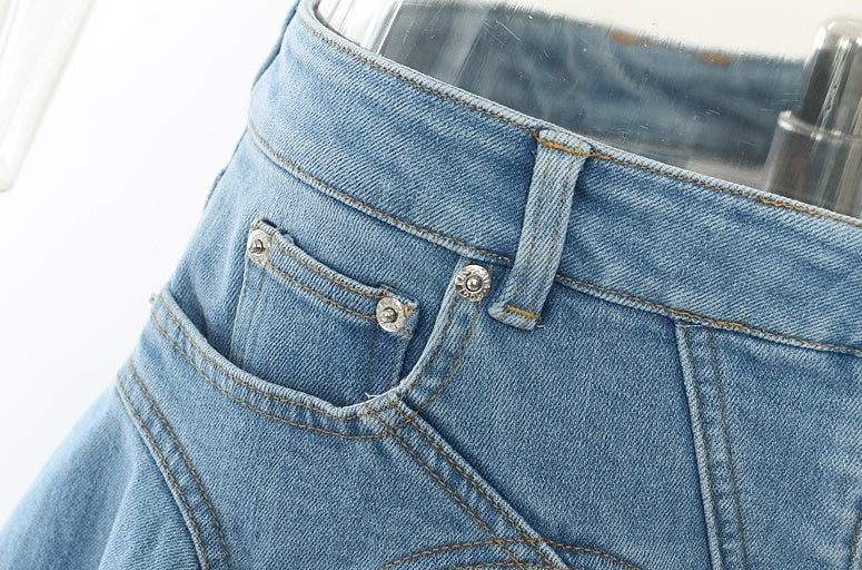 Blue Zip-Up Ruffled Denim Skirt