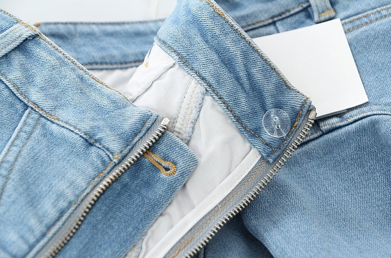 Blue Zip-Up Ruffled Denim Skirt