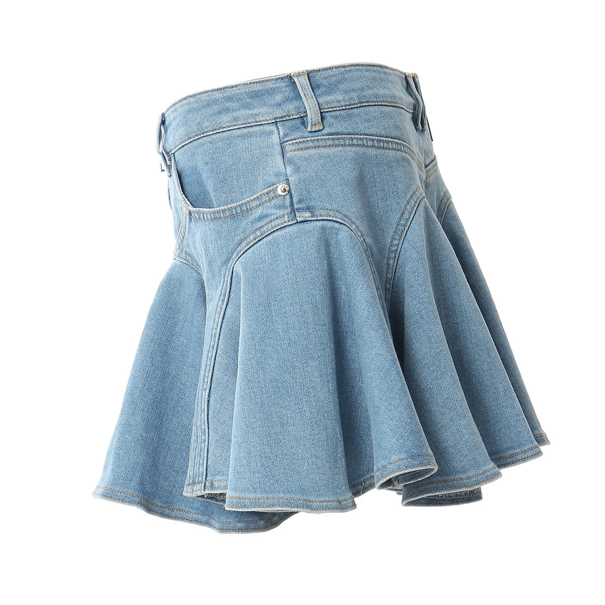 Blue Zip-Up Ruffled Denim Skirt