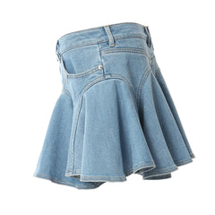 Blue Zip-Up Ruffled Denim Skirt
