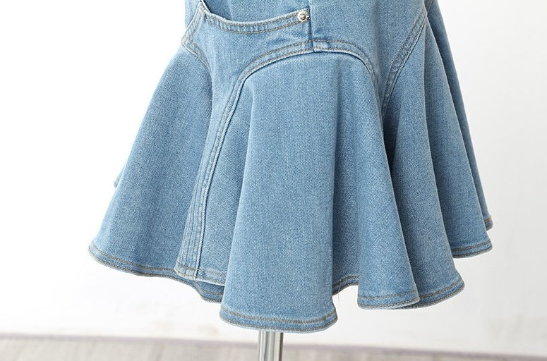 Blue Zip-Up Ruffled Denim Skirt