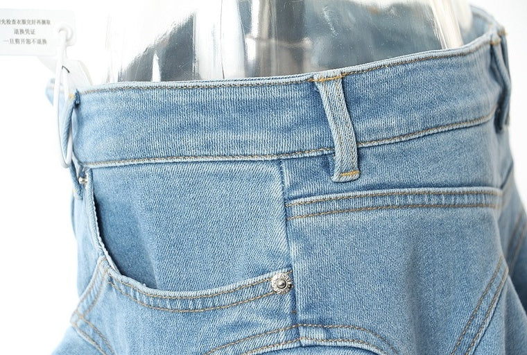 Blue Zip-Up Ruffled Denim Skirt