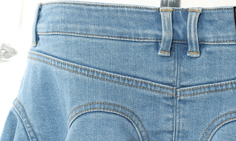 Blue Zip-Up Ruffled Denim Skirt