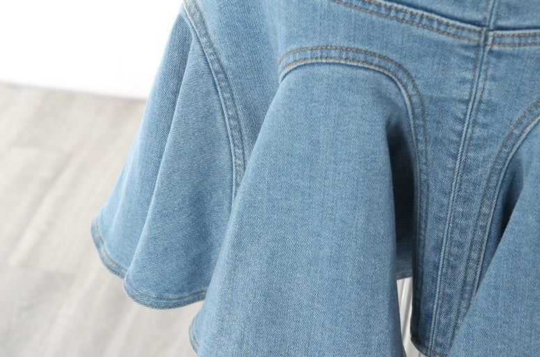Blue Zip-Up Ruffled Denim Skirt