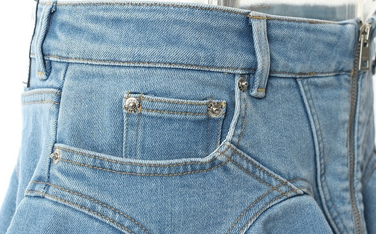 Blue Zip-Up Ruffled Denim Skirt