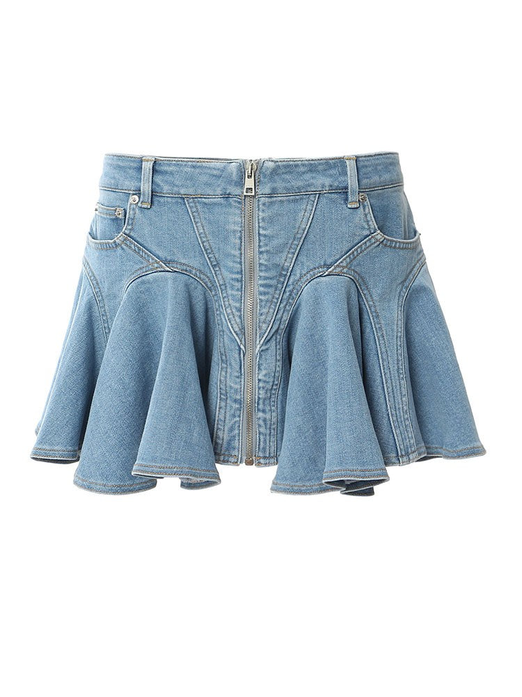 Blue Zip-Up Ruffled Denim Skirt