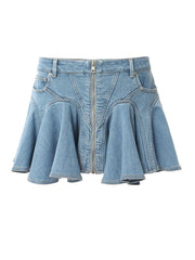 Blue Zip-Up Ruffled Denim Skirt