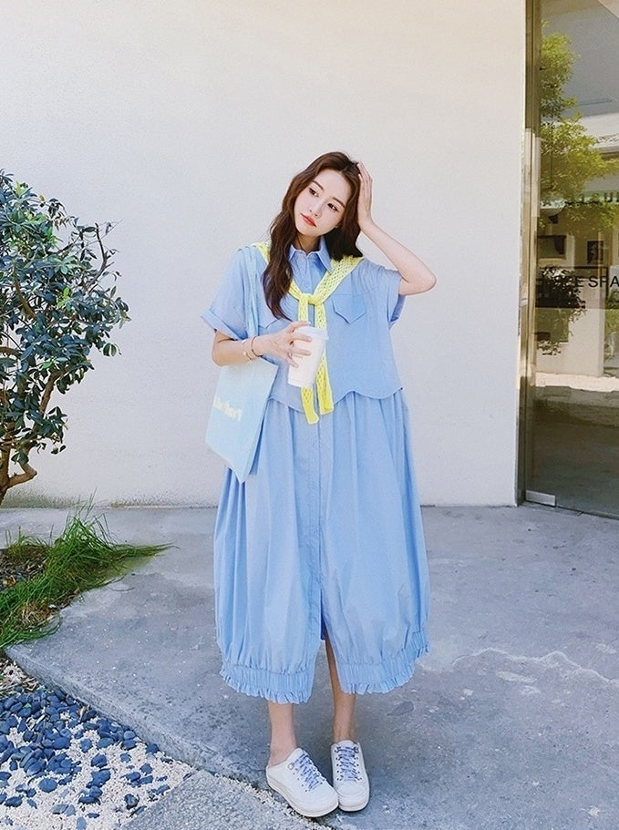 Blue Shawl Shirt Slimming Floral Maxi Dress
