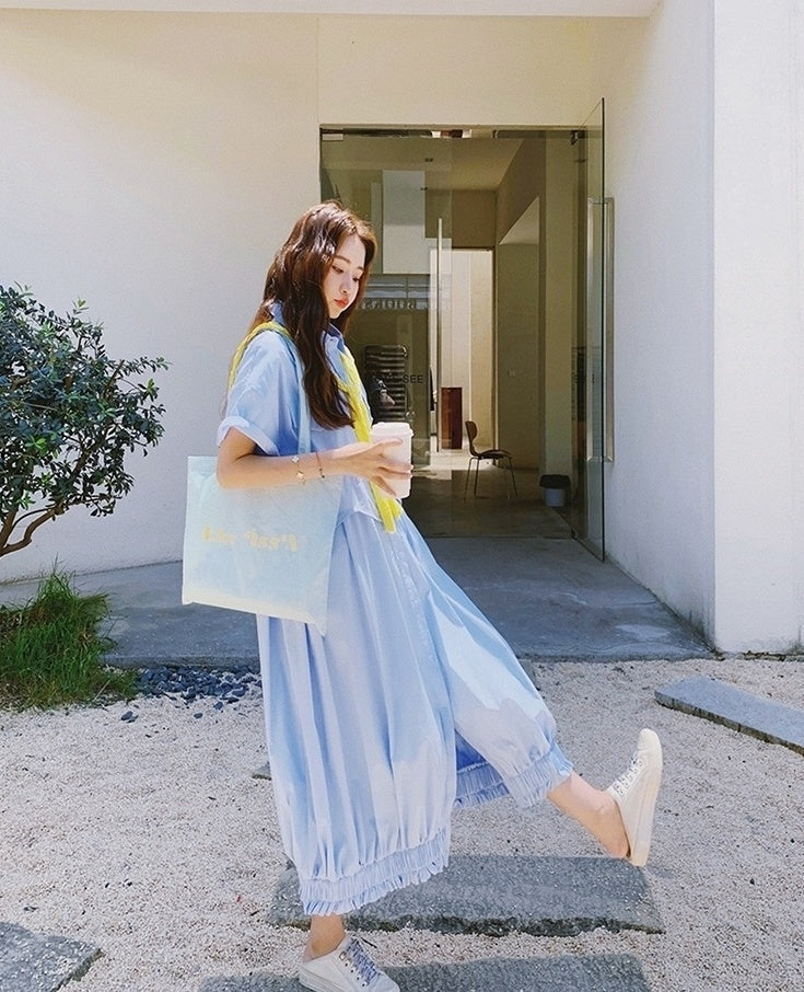 Blue Shawl Shirt Slimming Floral Maxi Dress