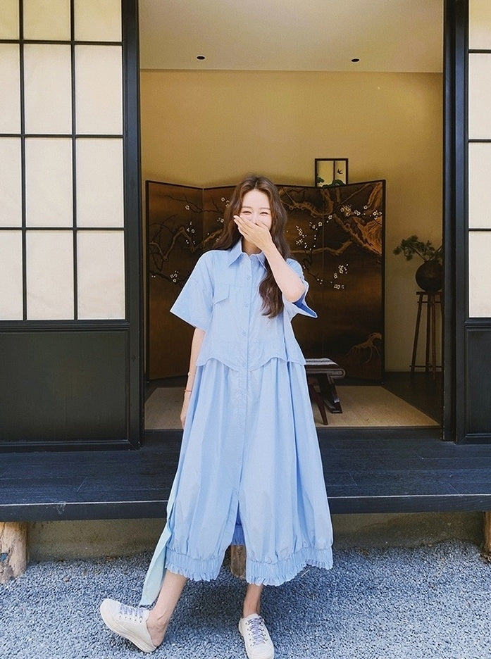Blue Shawl Shirt Slimming Floral Maxi Dress