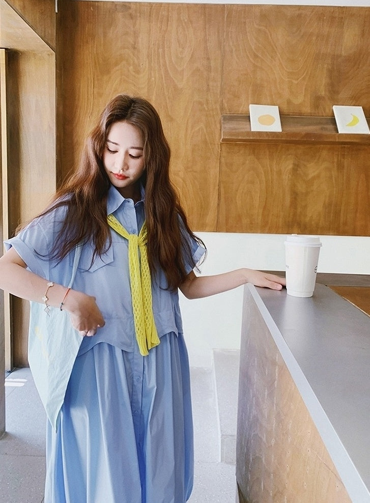 Blue Shawl Shirt Slimming Floral Maxi Dress