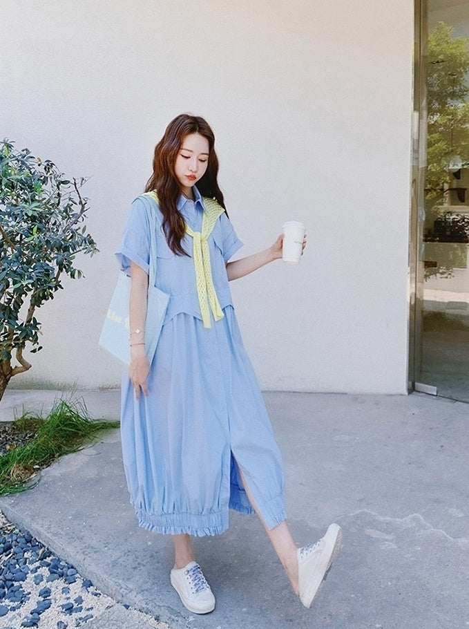 Blue Shawl Shirt Slimming Floral Maxi Dress