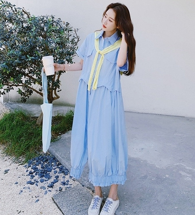 Blue Shawl Shirt Slimming Floral Maxi Dress