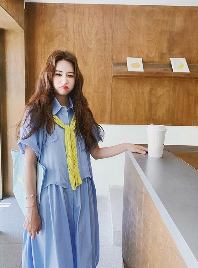 Blue Shawl Shirt Slimming Floral Maxi Dress