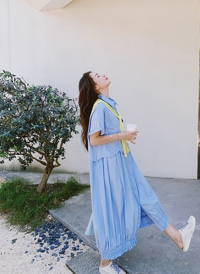 Blue Shawl Shirt Slimming Floral Maxi Dress