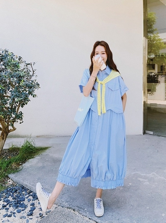 Blue Shawl Shirt Slimming Floral Maxi Dress