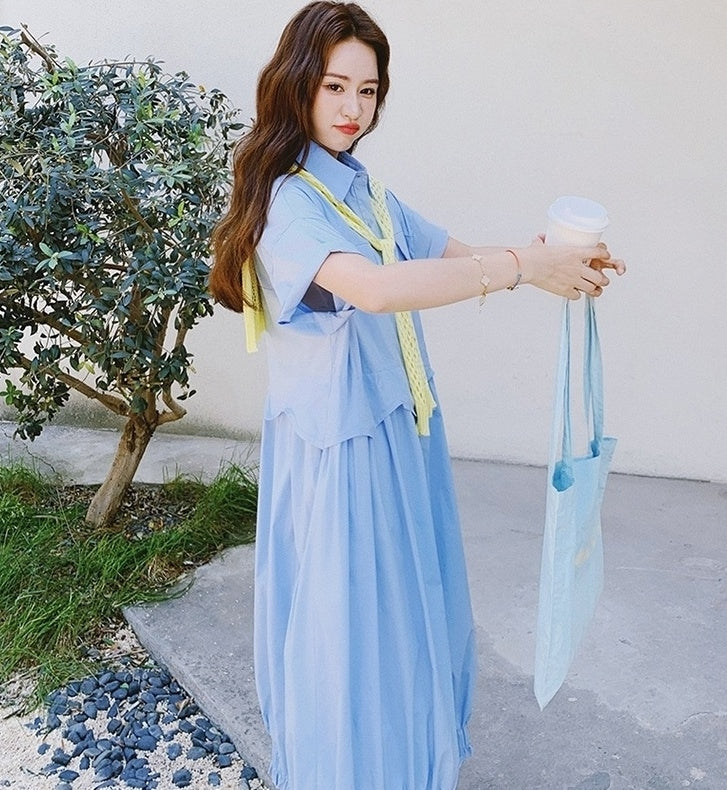 Blue Shawl Shirt Slimming Floral Maxi Dress