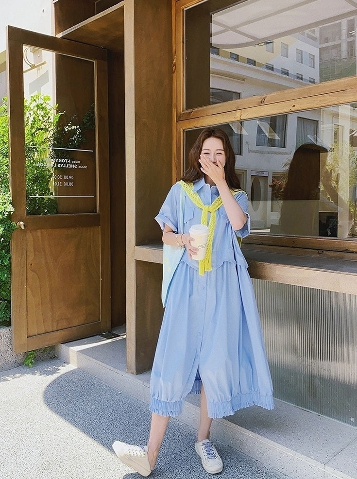 Blue Shawl Shirt Slimming Floral Maxi Dress