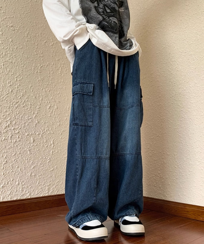 Blue Shoe Laced Waist Cargo Jeans