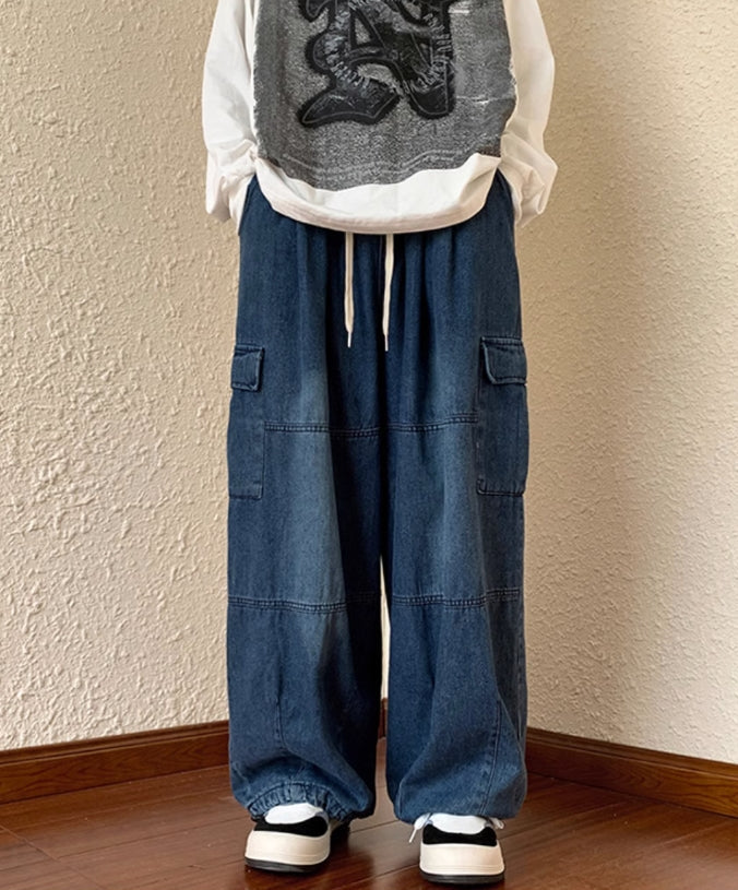 Blue Shoe Laced Waist Cargo Jeans