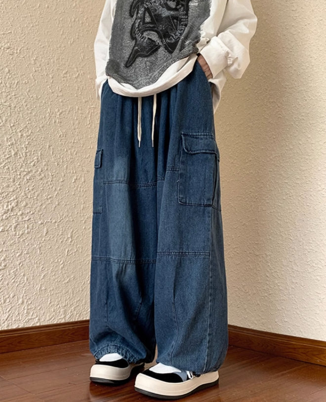 Blue Shoe Laced Waist Cargo Jeans