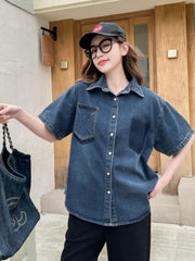 Blue Short Sleeves Oversized Denim Shirt