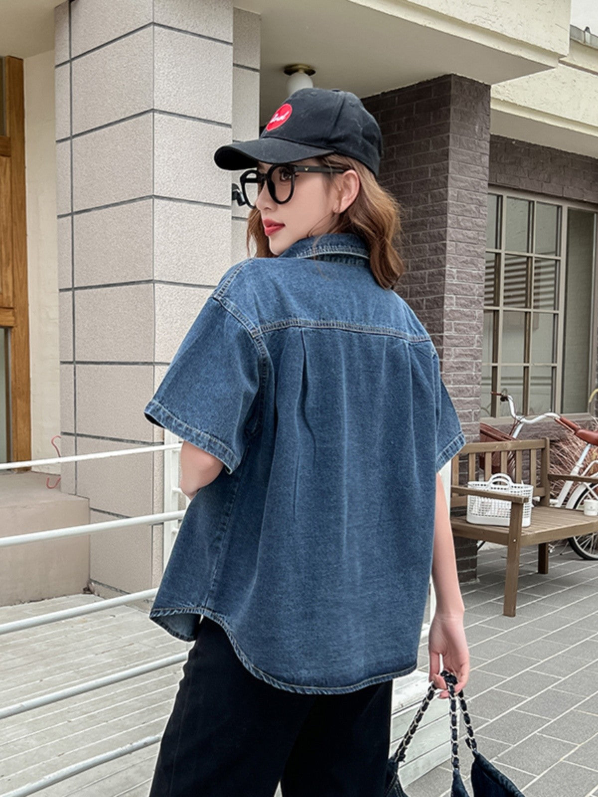 Blue Short Sleeves Oversized Denim Shirt