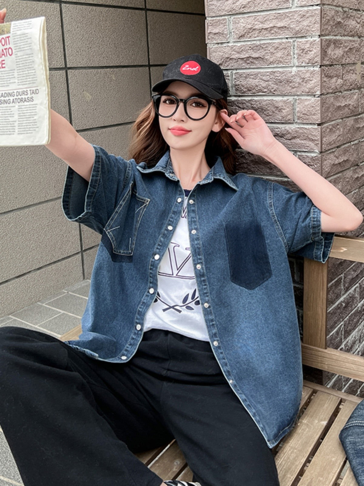 Blue Short Sleeves Oversized Denim Shirt