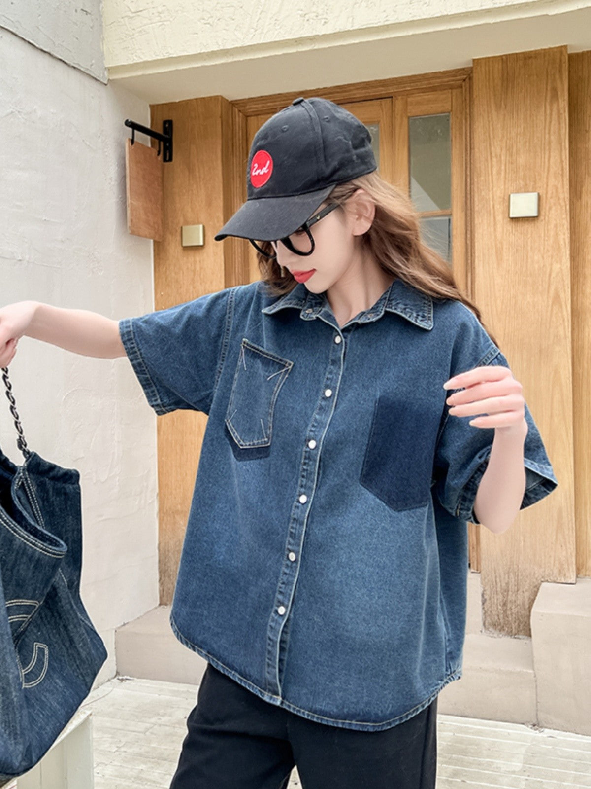 Blue Short Sleeves Oversized Denim Shirt