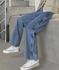 Blue Side Buttons Wide Leg Jeans
