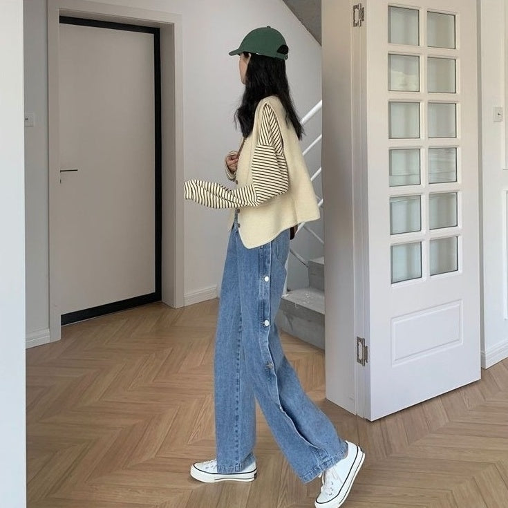 Blue Side Buttons Wide Leg Jeans