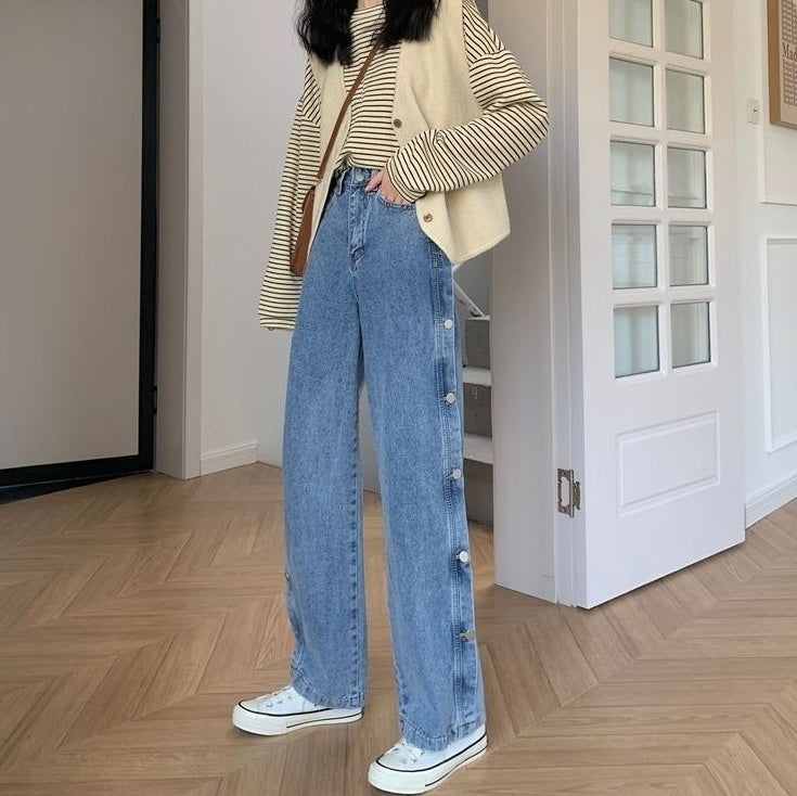 Blue Side Buttons Wide Leg Jeans