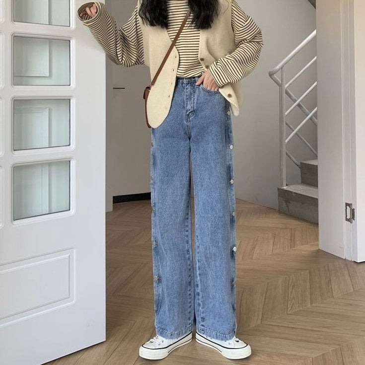 Blue Side Buttons Wide Leg Jeans