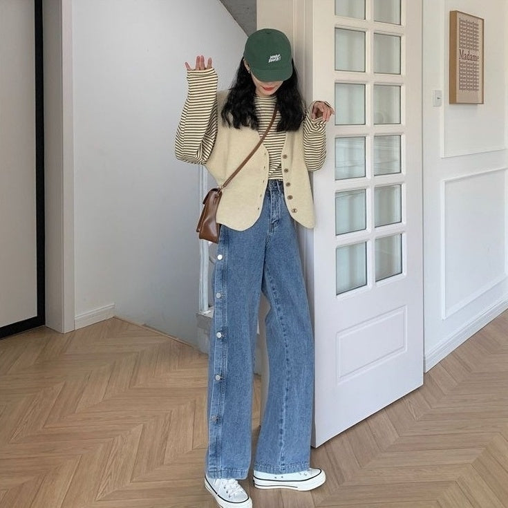 Blue Side Buttons Wide Leg Jeans