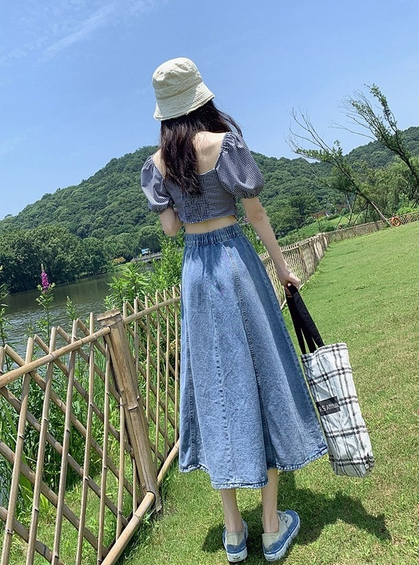 Blue Splicing Midi Denim Skirt
