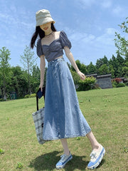 Blue Splicing Midi Denim Skirt