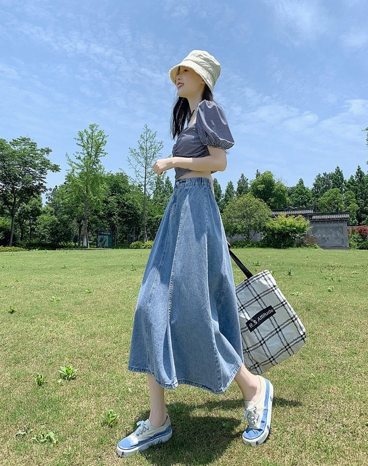 Blue Splicing Midi Denim Skirt